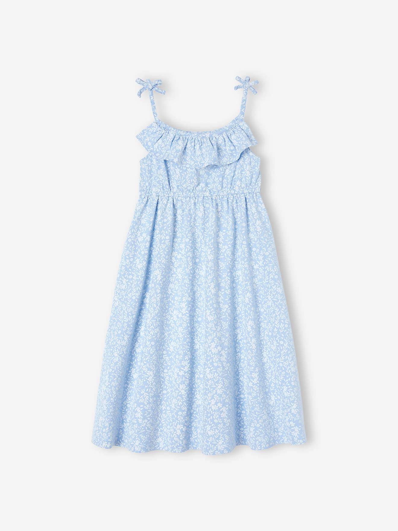 Vestido longo azul claro com alças finas para meninas