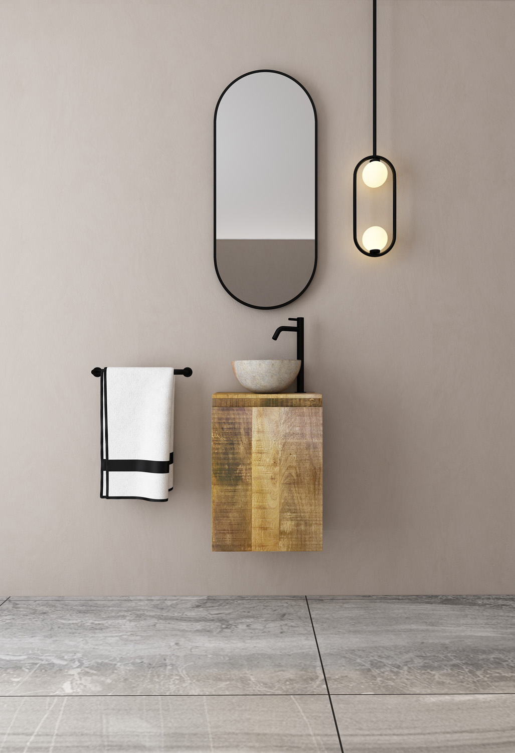 MD Interior Bello toiletmeubel mangohout met rivierstenen waskom links