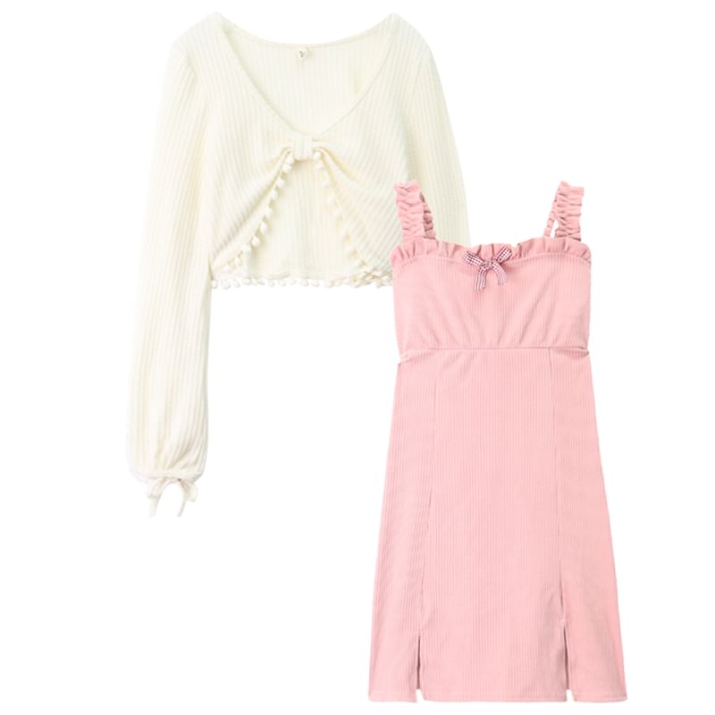 Malrowe - V-hals effen cropped blouse met pompons / mini A-lijn jurk met spaghettibandjes en strik aan de voorkant en split