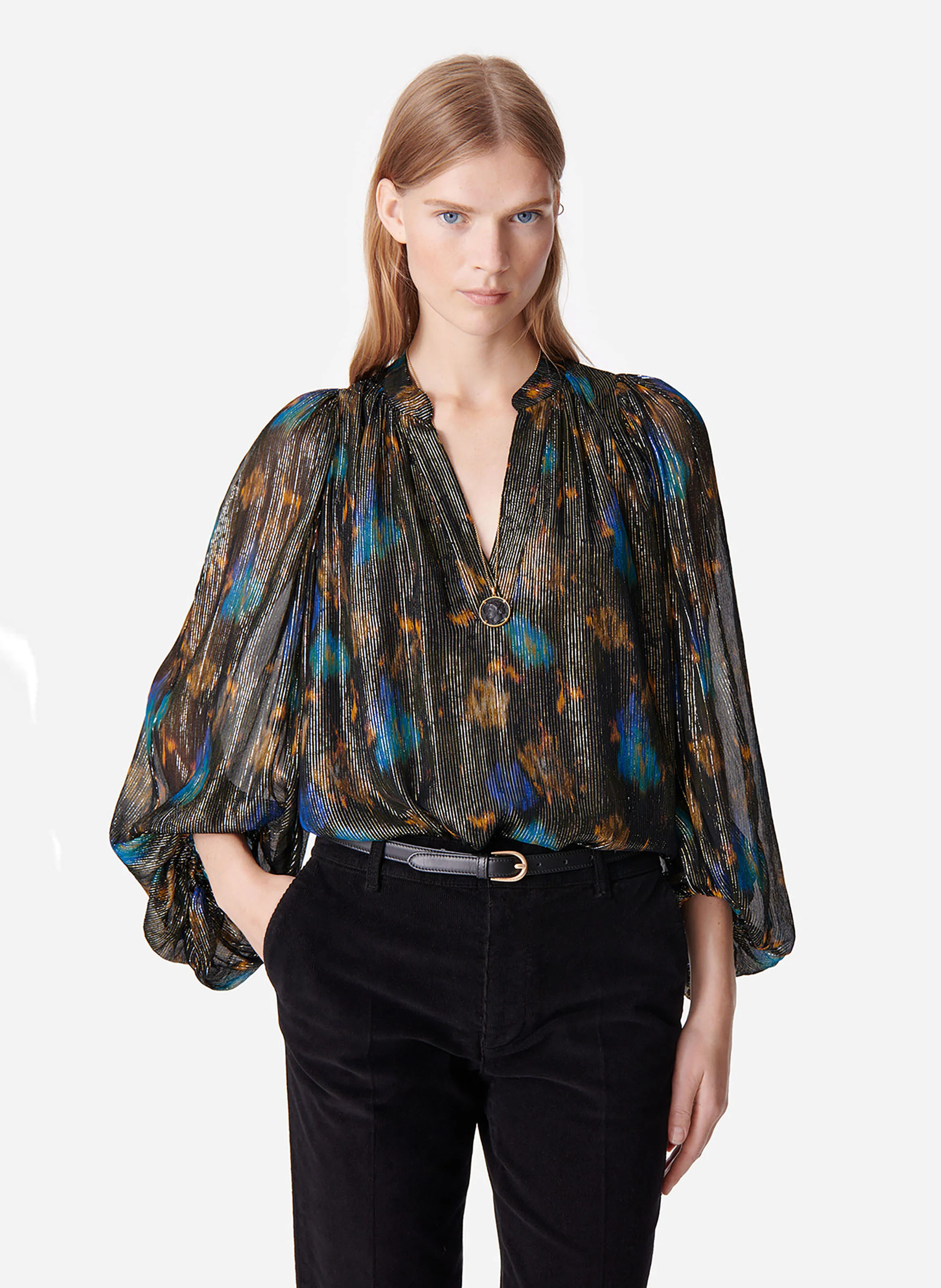 BELL - Blouse col V droite imprimée | Noir