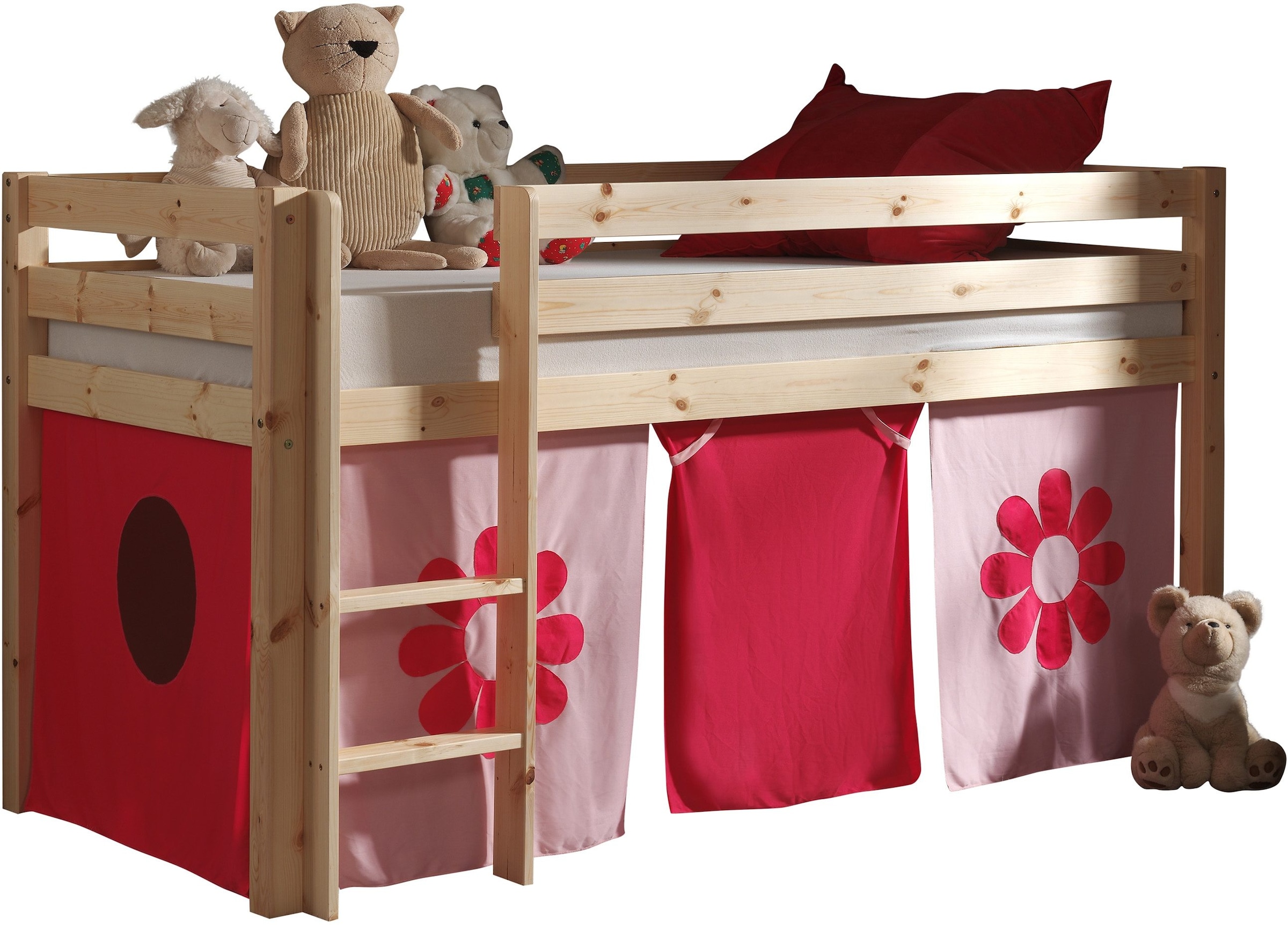 Vipack Hochbett »Pino, inkl. Rolllattenrost, Leiter und Absturzschutz« B/H/T ca. 210x114x106cm, massiv Kiefer, verschiedene Farben,  inklusive Textil-Vorhang 