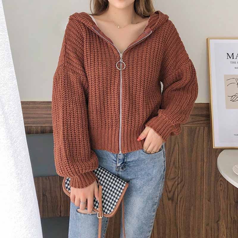 Muezz - Effen grof gebreide crop hoodie met rits