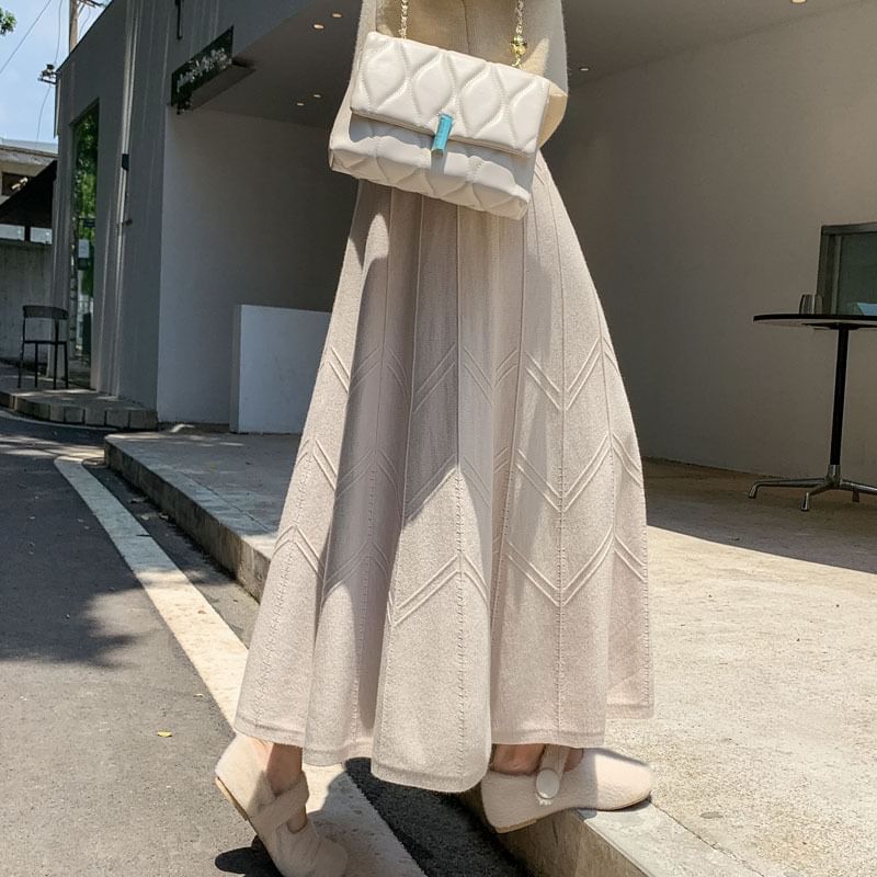 Luminato - Hoge taille effen gebreide maxi A-lijn rok