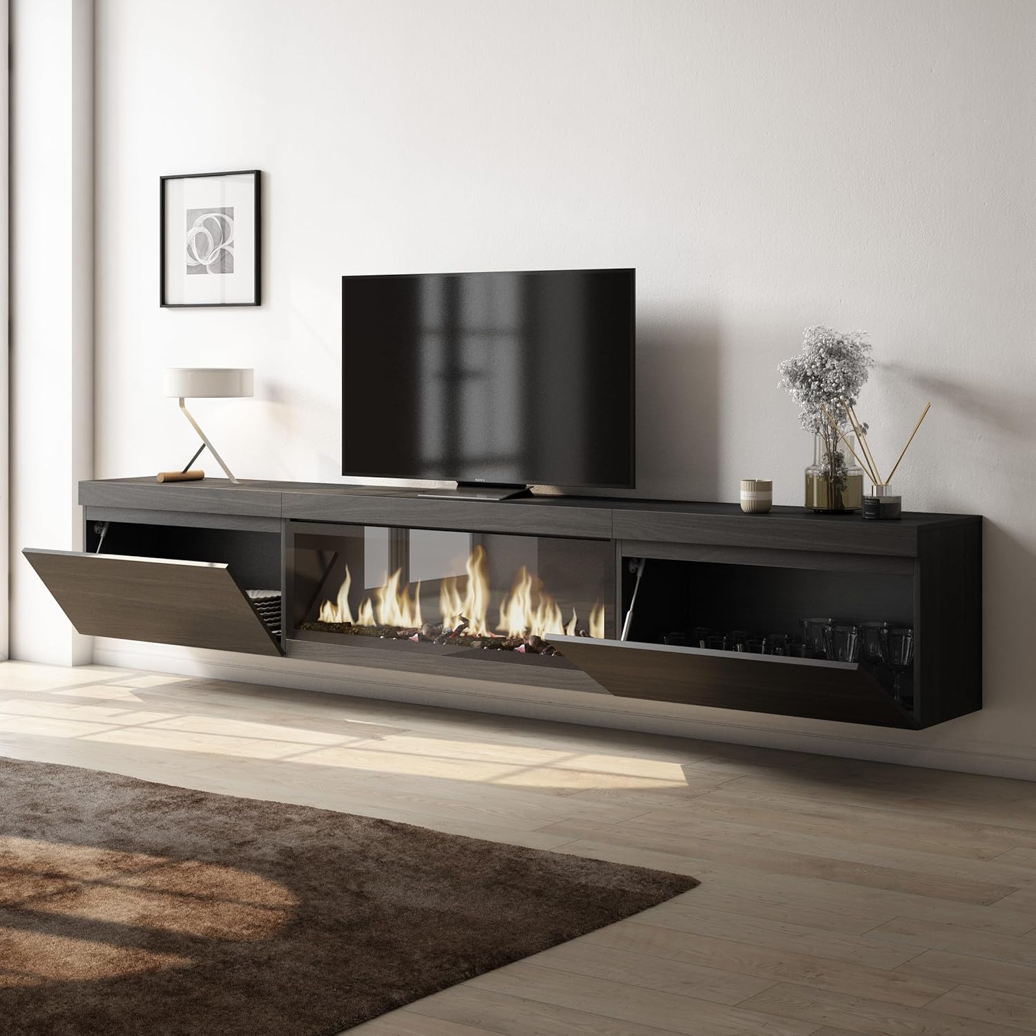 Skraut Home | TV-Schrank, Lowboard | für Wohnzimmer und Esszimmer | 267x45x35 cm | Für großformatiges TV | Elektrokamin XXL | Hängend | Moderner Stil | Schwarz
