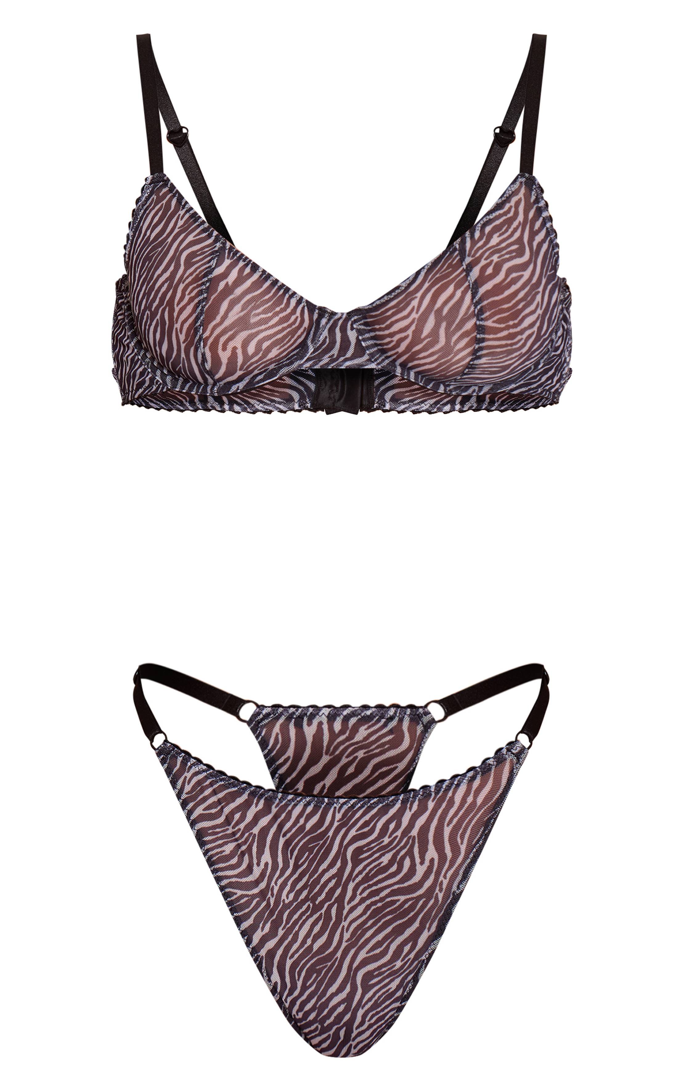 Noir Ensemble Soutien-gorge À Armatures Et Culotte En Tulle Imprimé Zèbre