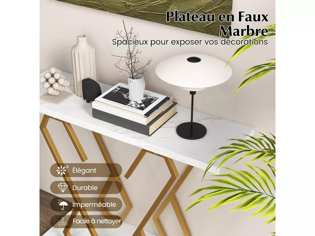 Table console, meuble d'entrée en faux marbre avec étagère 100 x 30 x 80 cm