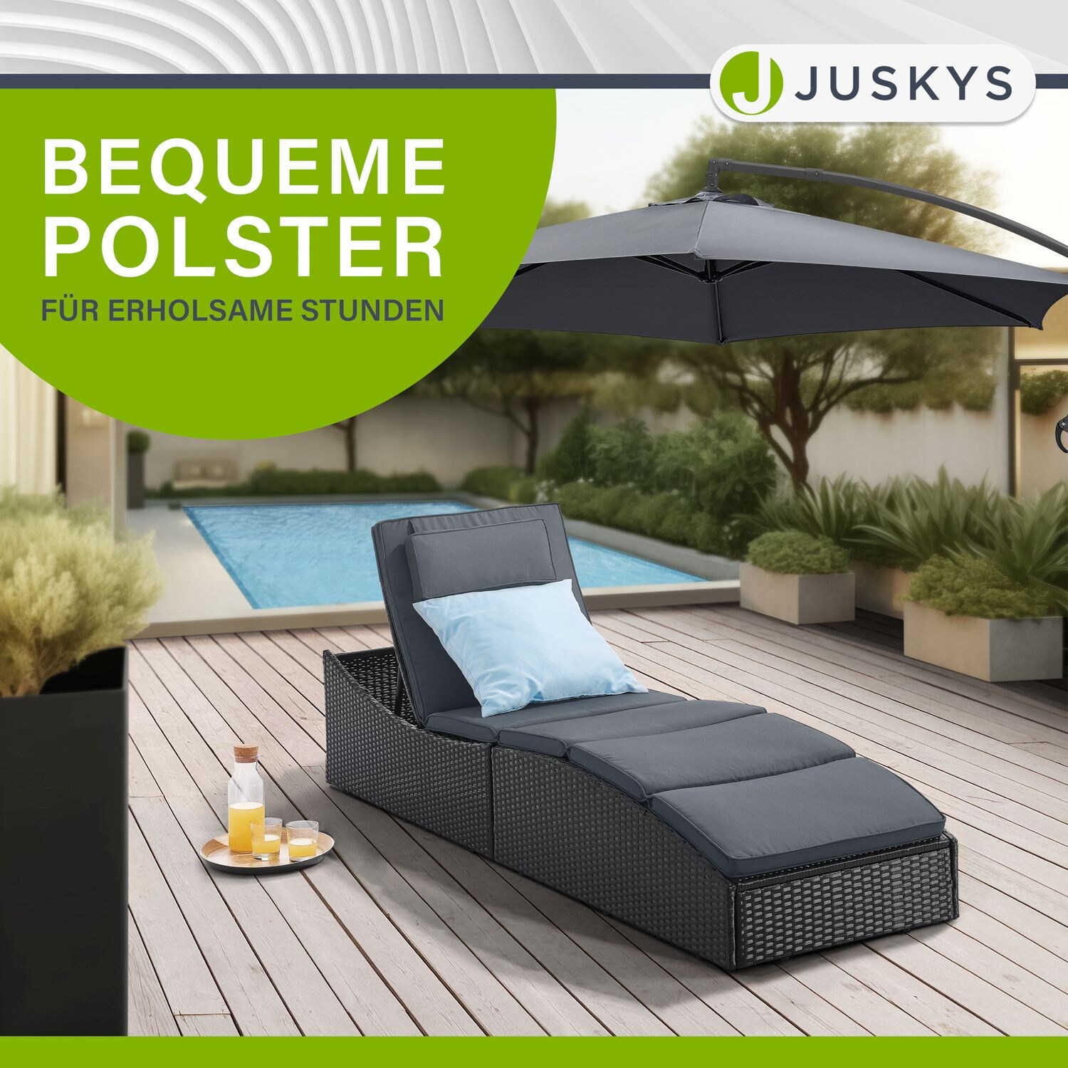 Juskys Sonnenliege Lamia klappbar - Polyrattan Gartenliege mit Auflage - Outdoor Liege Schwarz