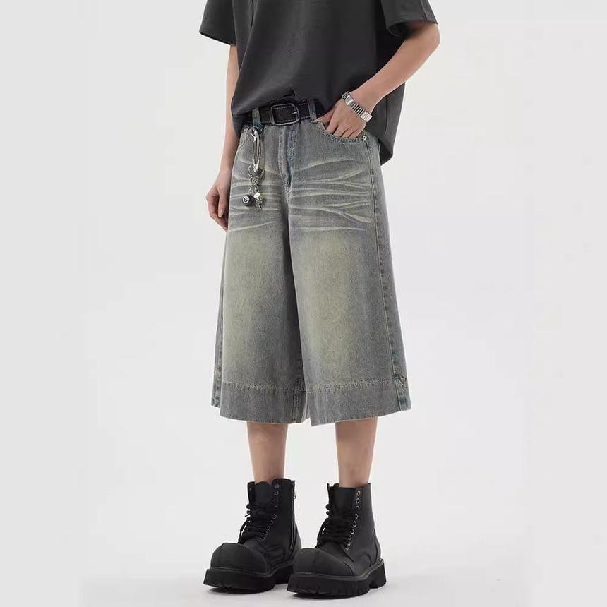 Cowpow - Mid Rise Washed Capri Wide Leg Jeans