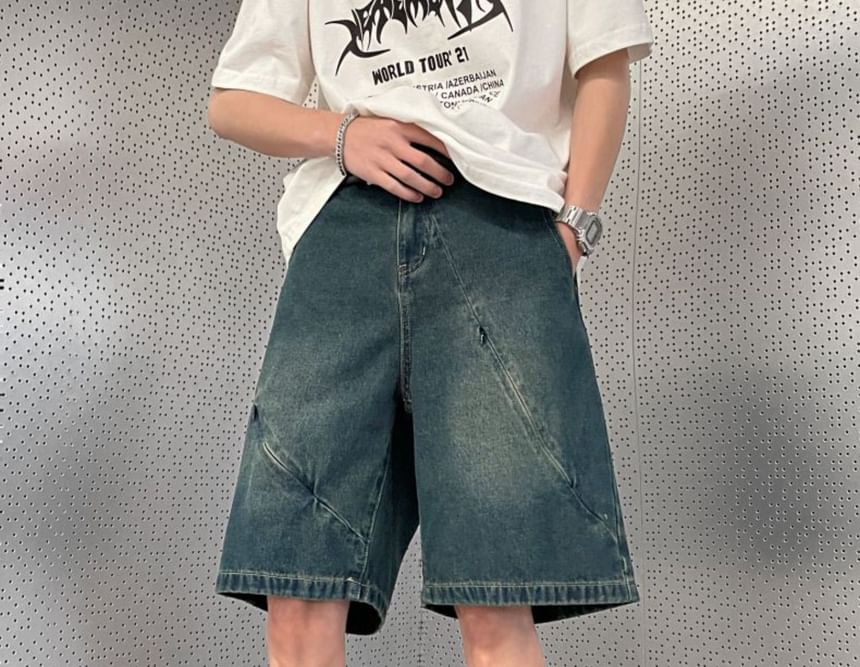 Phoneus - Mid Rise Washed Panel Denim Shorts