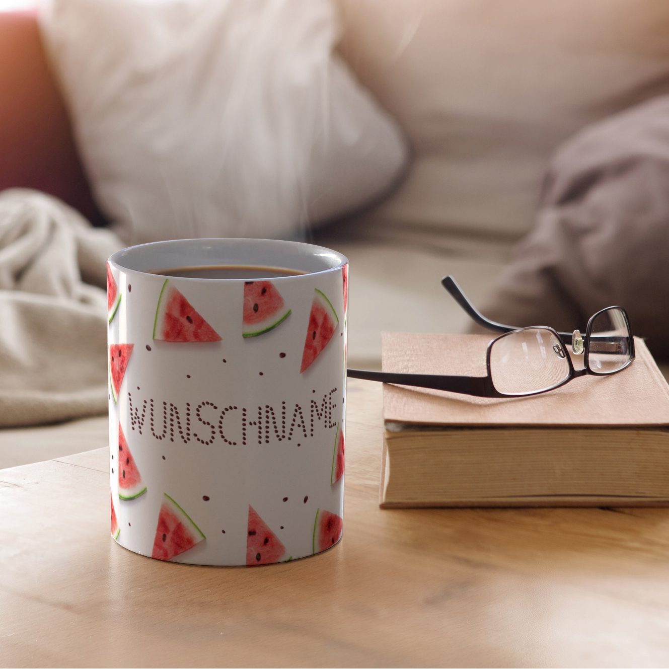 Personalisierte Panorama-Tasse, weiß (Motiv: Melone)