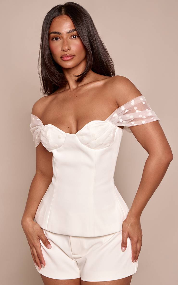 Blanc Top Corset Bustier Petite À Pois En Mesh Contrasté Ensemble Coordonné