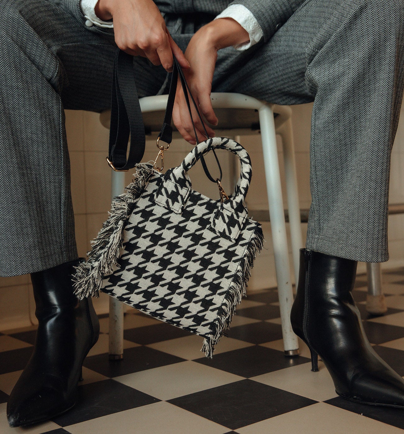 Sac en toile pied-de-coq Femme - Imprimé noir
