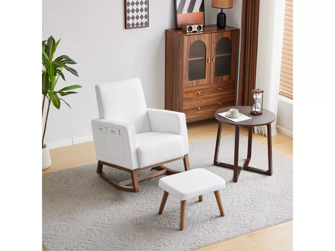 Chaise à bascule avec repose-pieds et poches - 65.5 x 84 x 92 cm - Éponge + fibres de polypropylène - Blanc