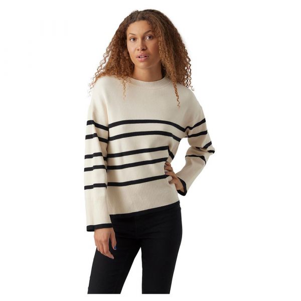 Vero Moda Saba Stripe O Neck Sweater Beige,Preto L Mulher