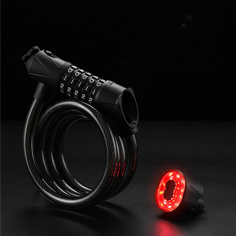 2in1 Fahrrad Schloss USB Velo Rücklicht 5-Stelliges Code Zahlenschloss   Halterung - Schwarz