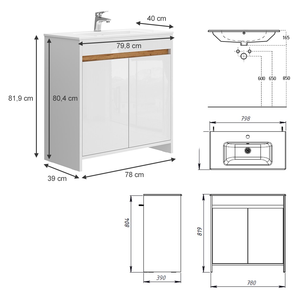 Vicco Waschbecken mit Unterschrank Lemgo 80 cm breit, Waschtisch stehend Weiß