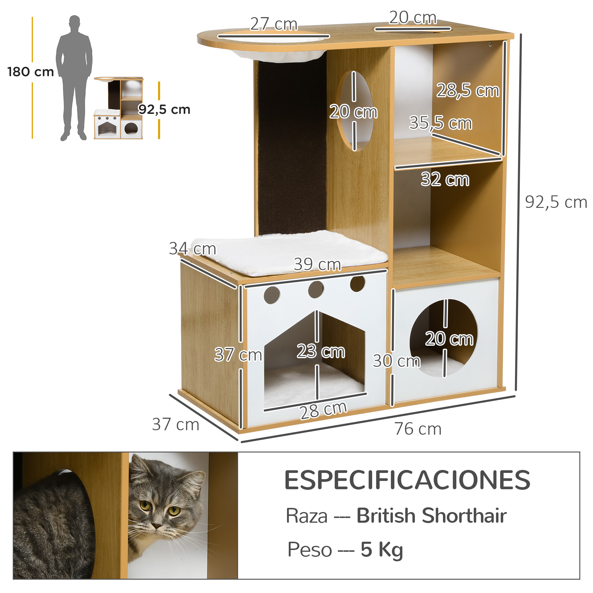 Árvore para Gatos PawHut de Madeira, 92,5 cm, Torre para Gatos de Interior para Gatinhos com 2 Cavernas, Poste para Arranhar, Rede e Almofadas de Pelúcia, 76x37x92,5 cm, Carvalho