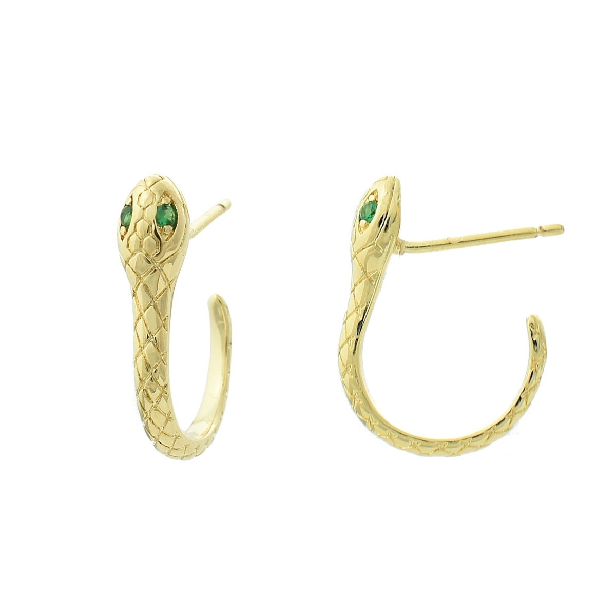 Boucles d'oreilles serpent Créole ouverte yeux d'oxydes de zirconium verts Plaqué or 750 3 microns