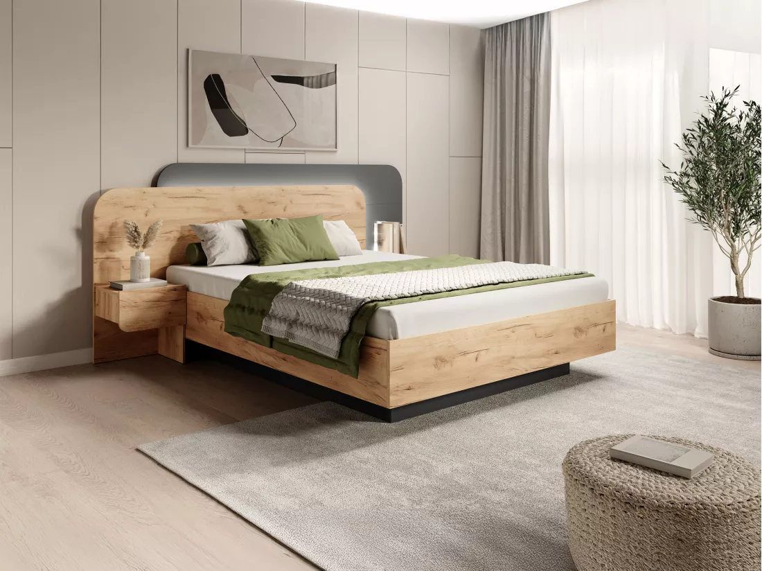 Lit avec chevets 160 x 200 cm - Avec LEDs - Coloris : Naturel et anthracite + Sommier + Matelas - DESADO