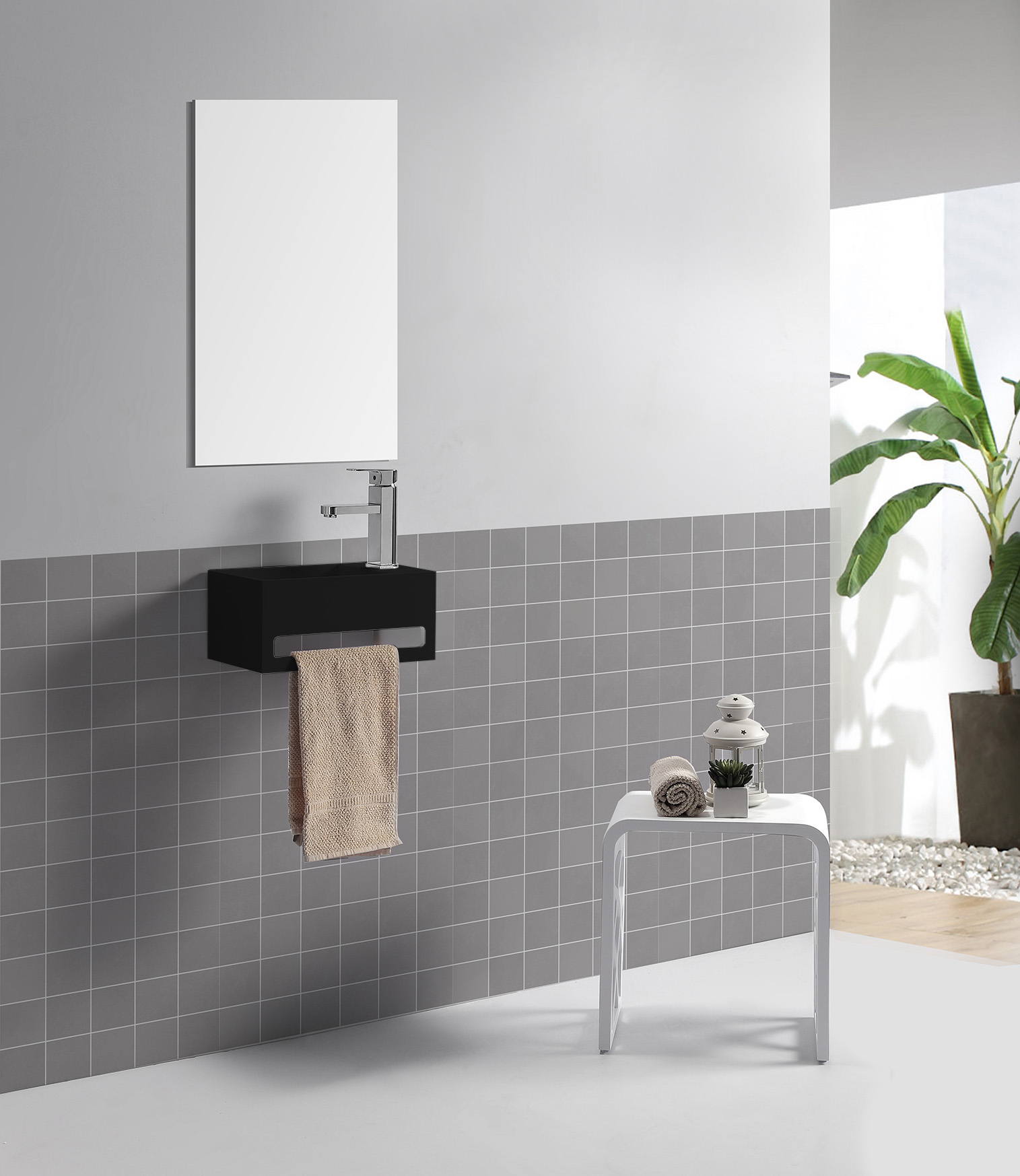 SCHADEMODEL: Saniclear Bali mat zwarte solid surface fontein 36x20cm rechts