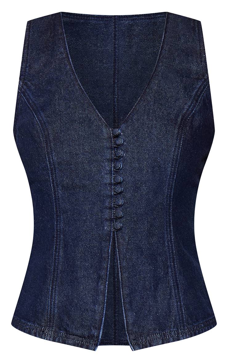 Bleu Indigo Haut En Denim Dos Nu Avec Détail De Boutons Recouverts