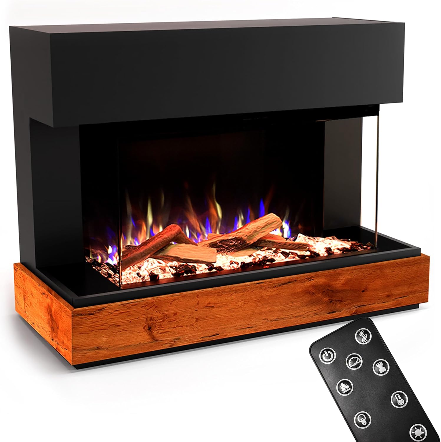 GLOW FIRE Kaminofen Curie mit realistischem 3D E-Motion LED-Feuer - Stand-Elektrokamin mit Heizung, Kaminfeuer & Timer, max. 1500 W, 114x89x41,5, Schwarz
