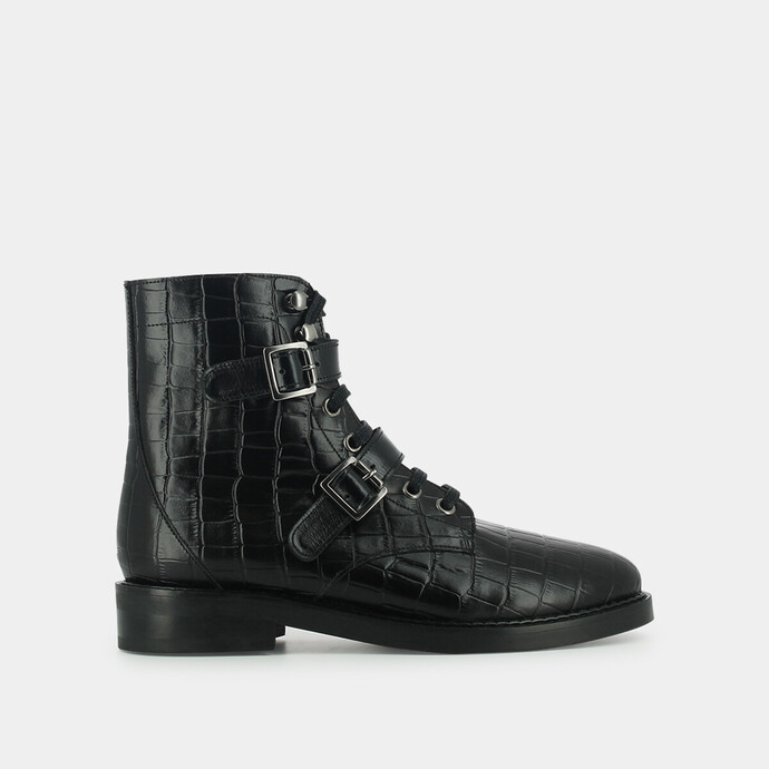 Bottines à boucle  en croco noir