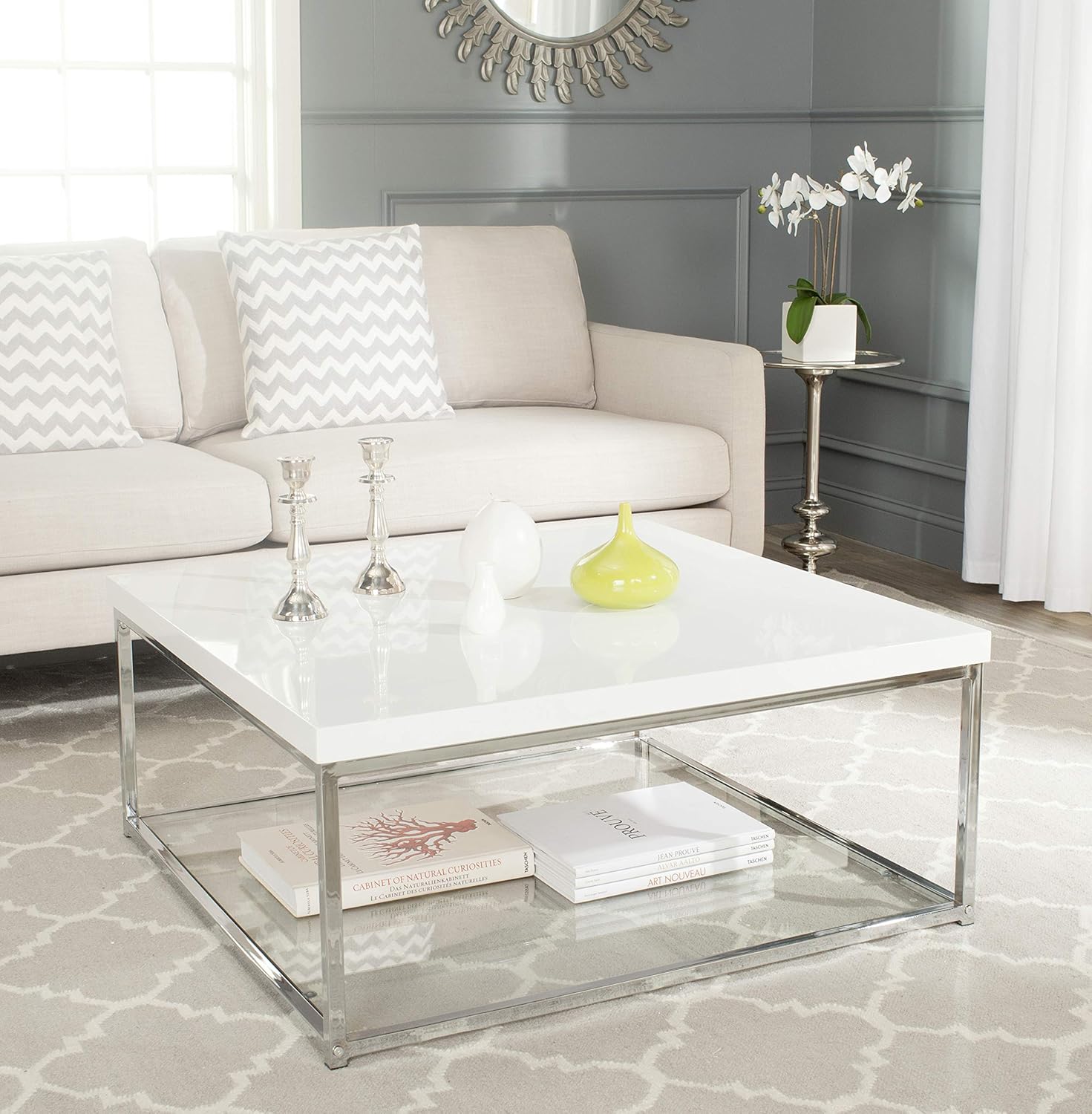 SAFAVIEH Glam Wooden Accent Table, in White and Chrome, 90 X 90 X 39.87