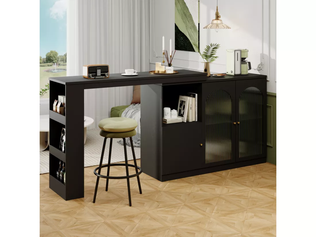 Meuble de bar pivotant - 3 portes et étagères de rangement - Bois MDF et verre - pour salle à manger ou salon - Noir