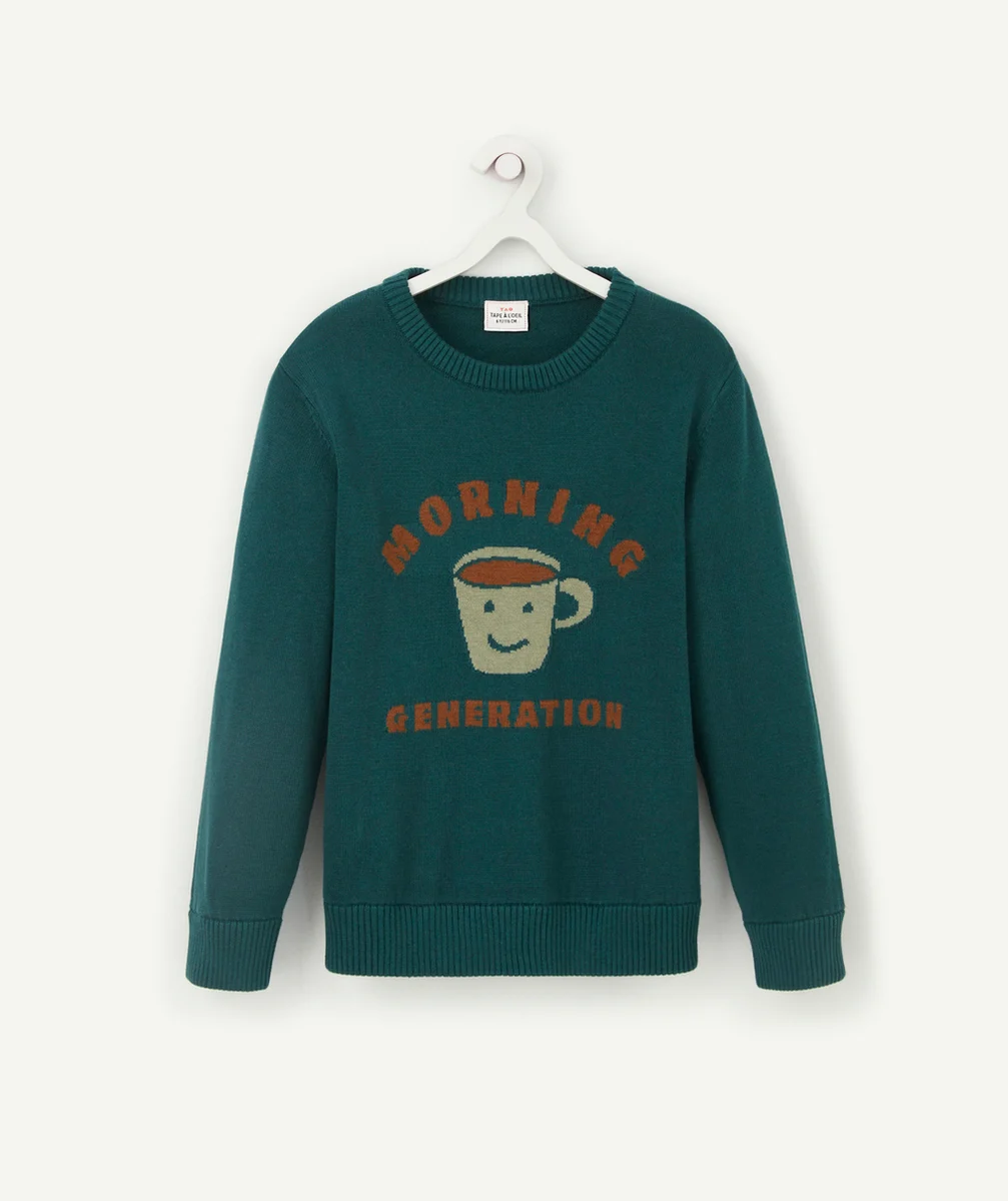PULL EN TRICOT VERT MESSAGE ET CAFÉ GARÇON