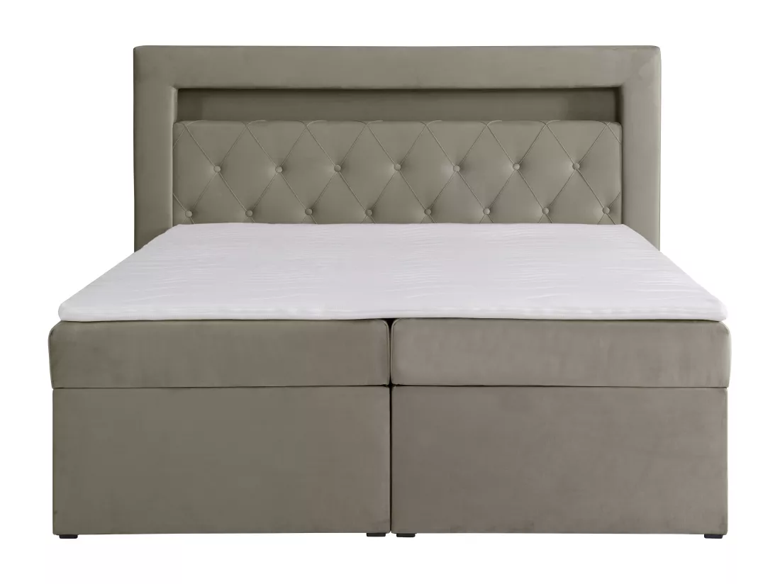 Ensemble complet literie déco tête de lit avec led + sommiers coffre + matelas + surmatelas - 180 x 200 cm - Velours - Taupe - ORANA de YSMÉE