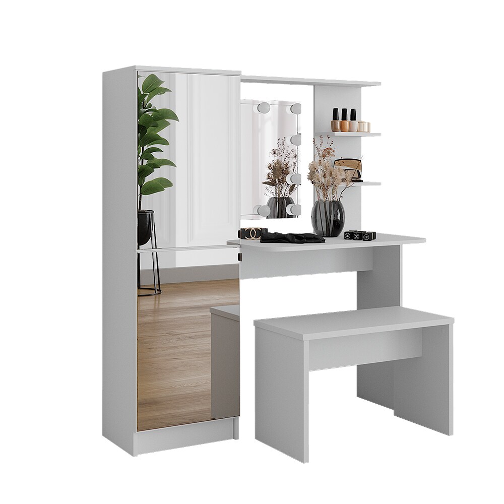 Vicco Schminktisch Jasmin Weiß 123 cm mit LED-Beleuchtung und Bank