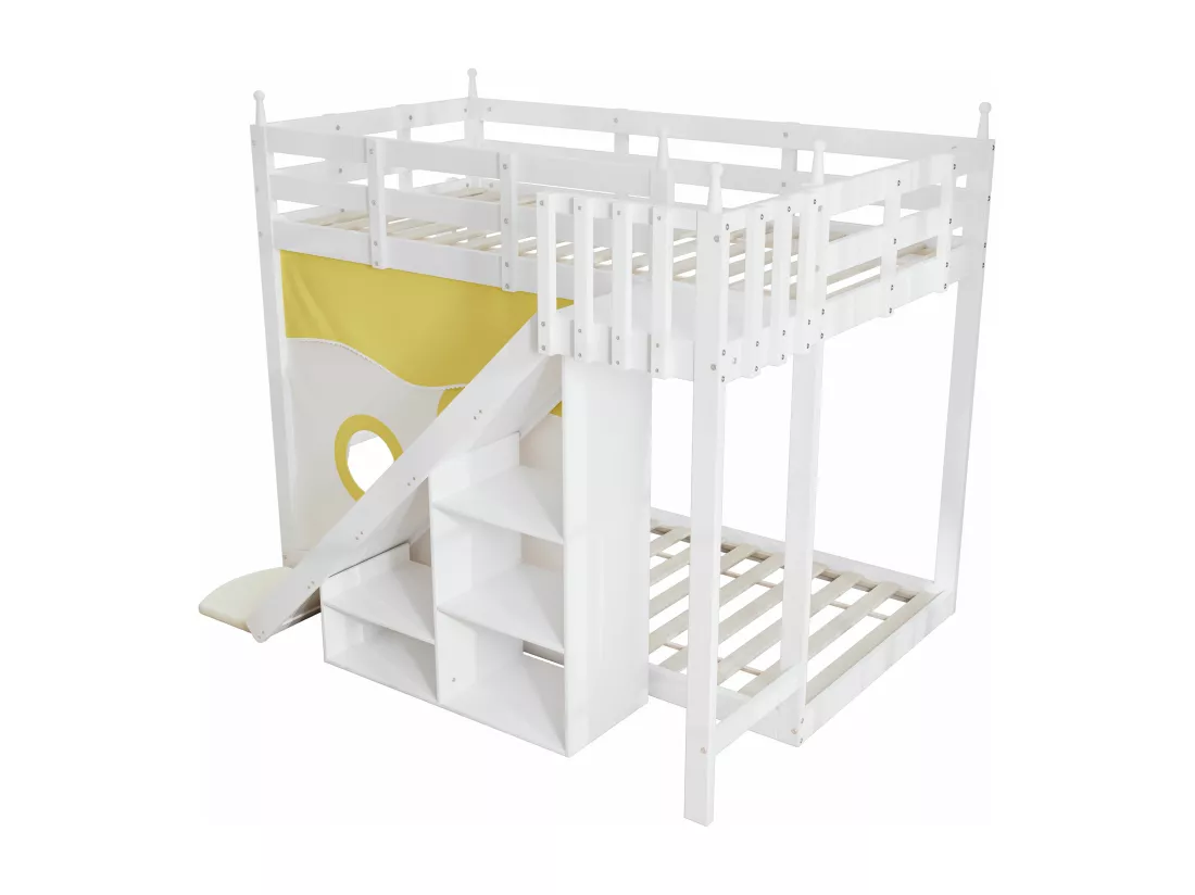 Lit superposé pour enfants avec escalier et barrière, rideaux de lit, toboggan et étagère, blanc (90x200 cm)