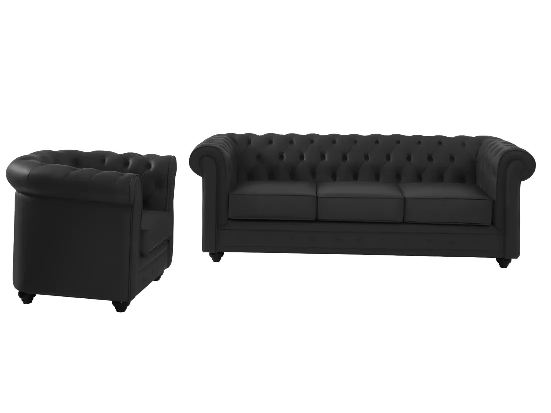 Canapé 3 places et fauteuil en cuir de buffle CHESTERFIELD - Noir