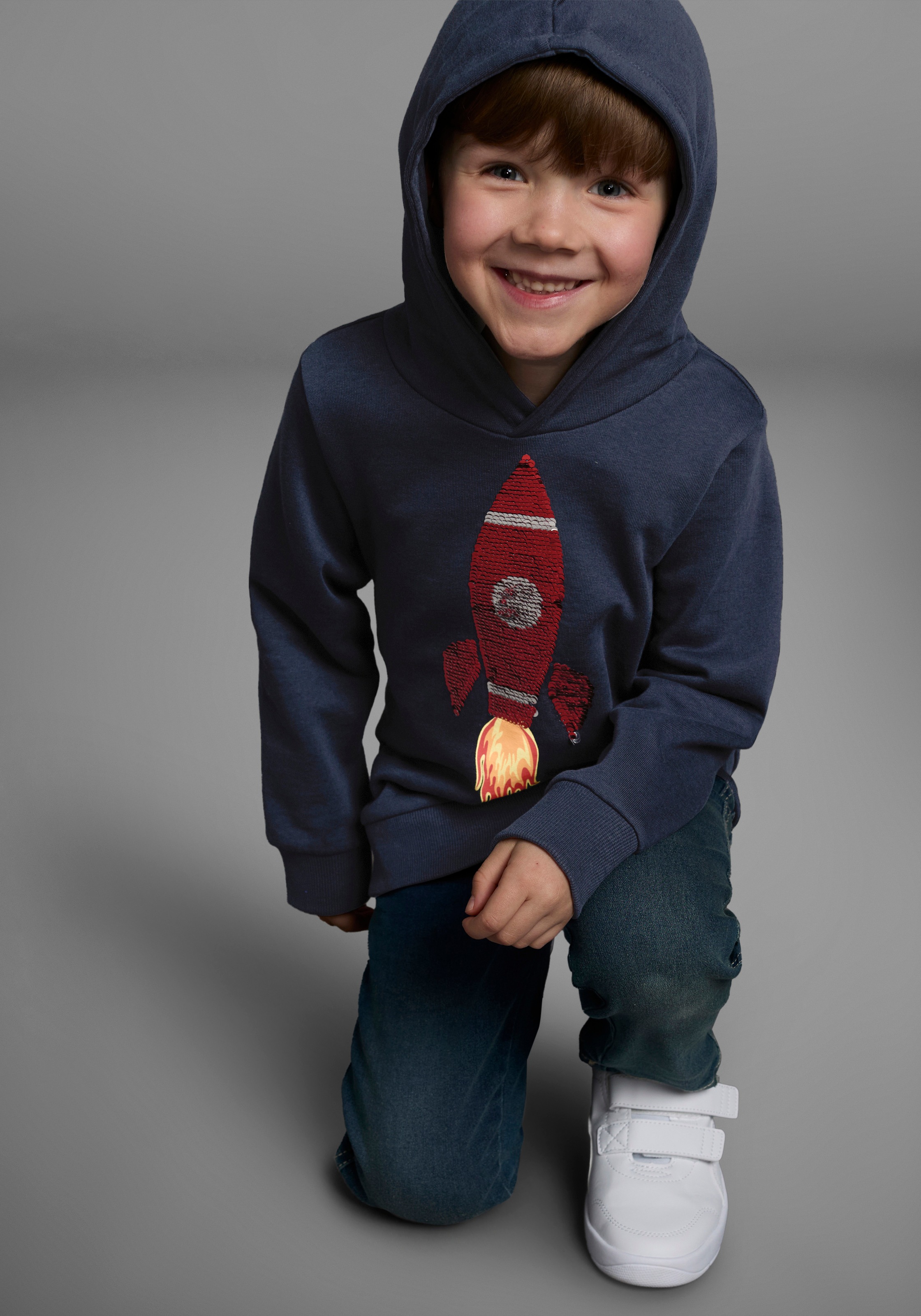 KIDSWORLD Kapuzensweatshirt »Rakete - Wendepaillette«, lange Ärmel,  Basic-Passform,  aus Baumwolle,  mit Rippbündchen