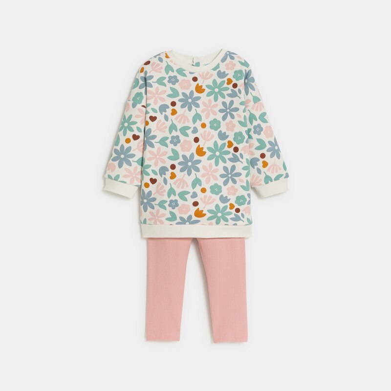Pull fleuri molleton et legging rose bébé fille Gris ou noir