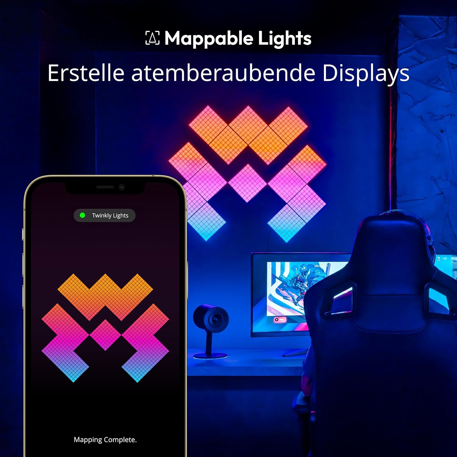 Twinkly Squares Starter Kit, RGB LED Paneelen, Enthält 1 Hauptpaneel und 5 Erweiterungspaneele, Kompatibel mit HomeKit, Alexa und  Home, Gaming- und Streaming-Lichter, 16M+ Farben