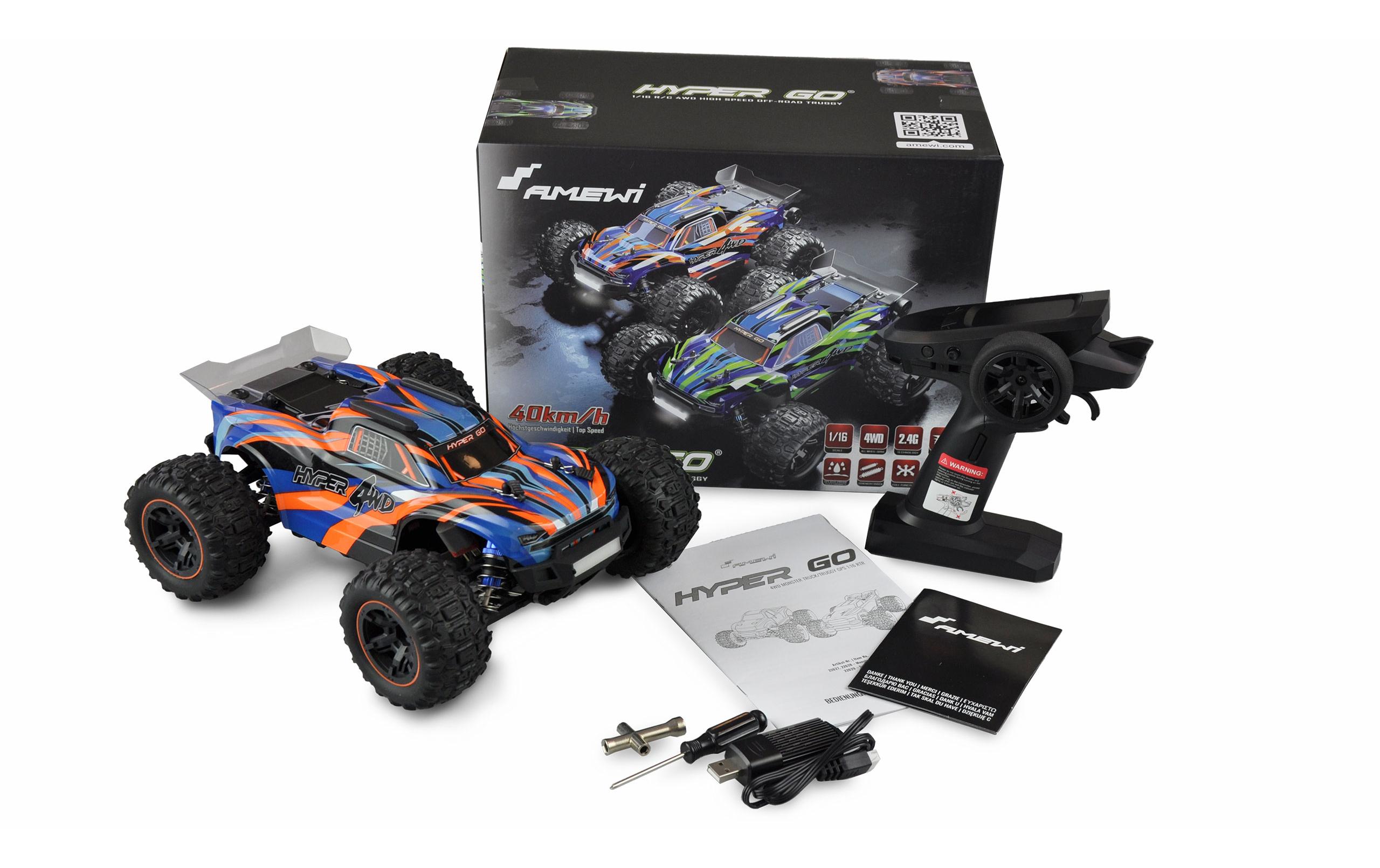Truggy Hyper GO Brushed 4WD, Blau/Orange RTR, 1:16Off-Road RC Modellauto mit Allradantrieb und 40 km/h Höchstgeschwindigkeit