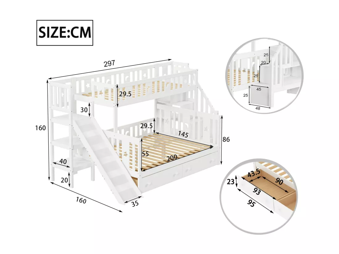 Lit superposé 90x200 + 140x200 cm - en bois massif - avec toboggan，étagère et 2 grands tiroirs - Blanc