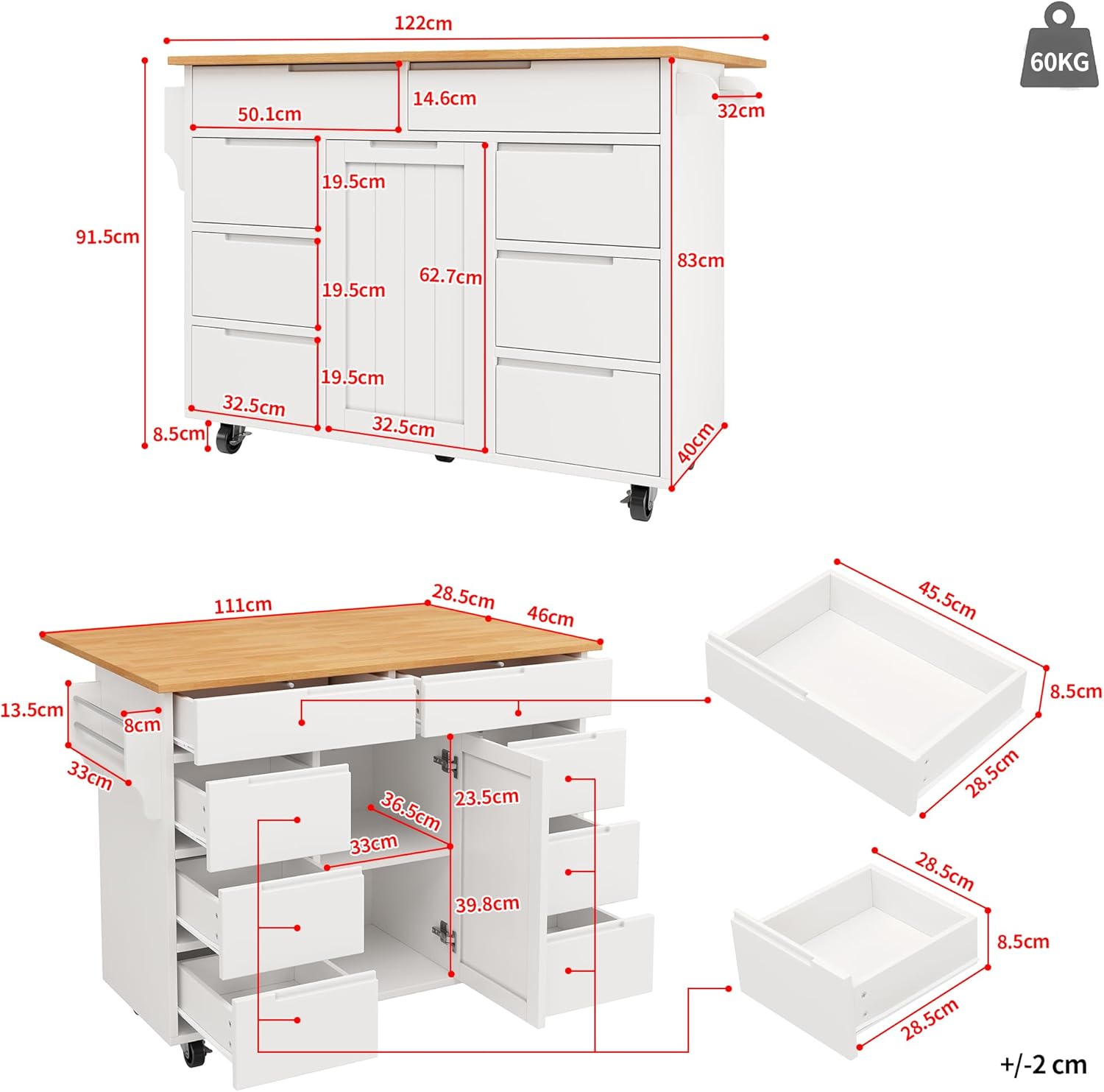 ZYLOYAL10 Moderne Kücheninsel, Küchenschrank, Ausziehbarer Küchenwagen mit Rollen und Arbeitsplatte, Servierwagen mit Gewürzregal und 8 Schubladen (Weiß)