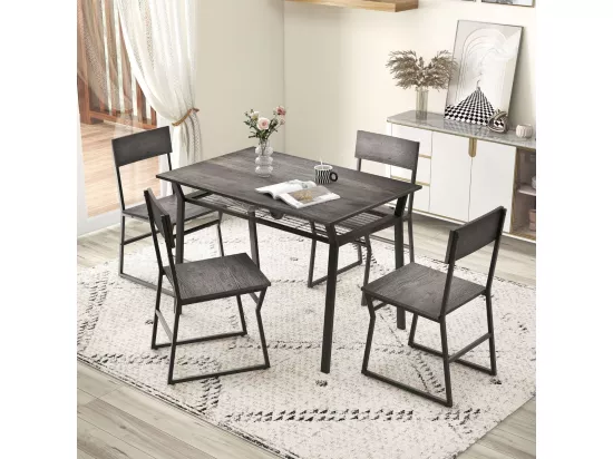 Table à Manger avec 4 Chaises, Cadre en Métal Noir, Table de Cuisine avec Étagère Rectangulaire avec 4 Chaises, 110x70 cm (Gris)