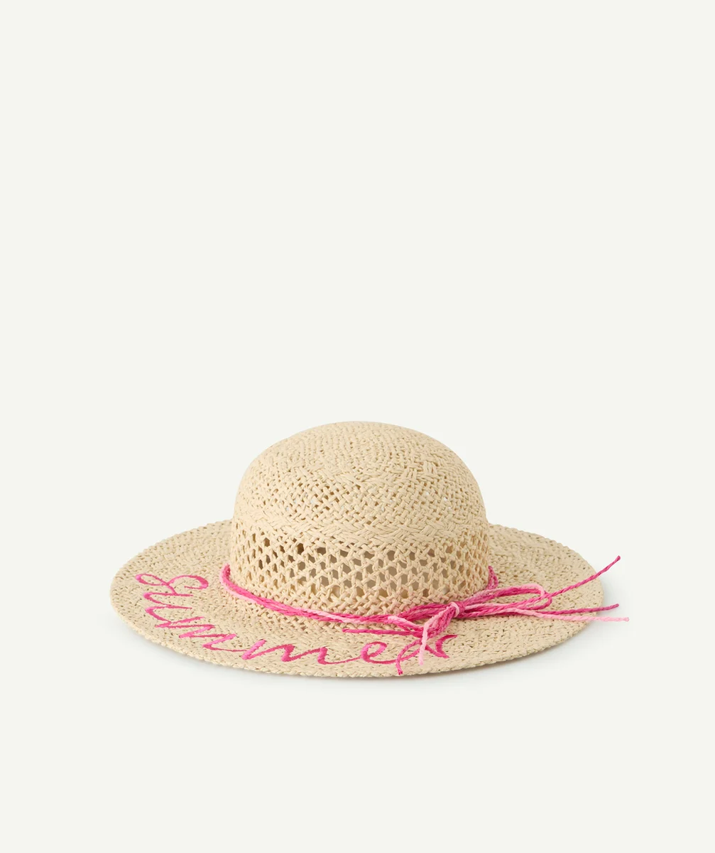 chapeau de paille fille avec broderies roses