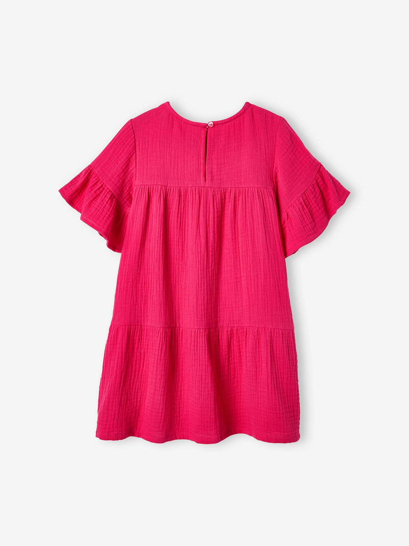 Vestido rosa framboesa em chiffon de algodão para meninas