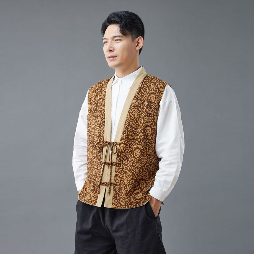 Sparrow Farm - V-hals vest met patroon en kikkerknopen