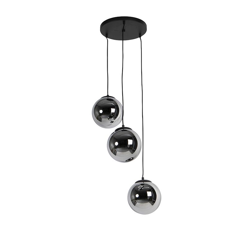 Art deco hanglamp zwart met smoke glas 3-lichts - Pallon