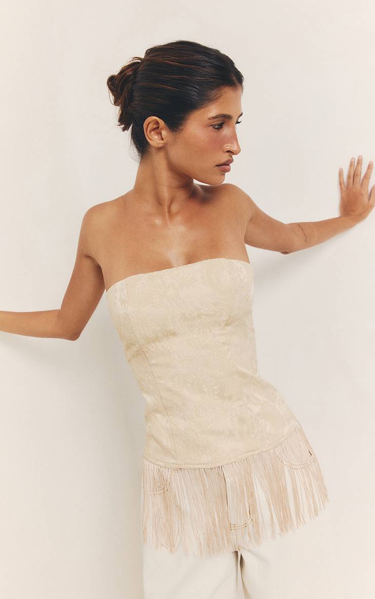 Crème Haut Bandeau Texturé À Ourlet À Franges Et Pompons