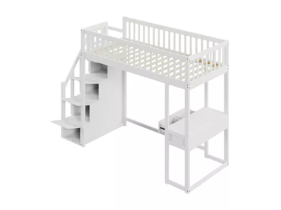 Lit mezzanine 90x200cm en bois - avec table et escalier de rangement - Blanc