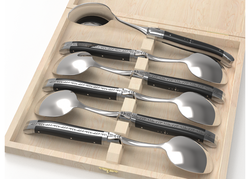 Service de 6 grandes cuillères Laguiole avec un manche en bois d'ébène et mitres en acier inoxydable