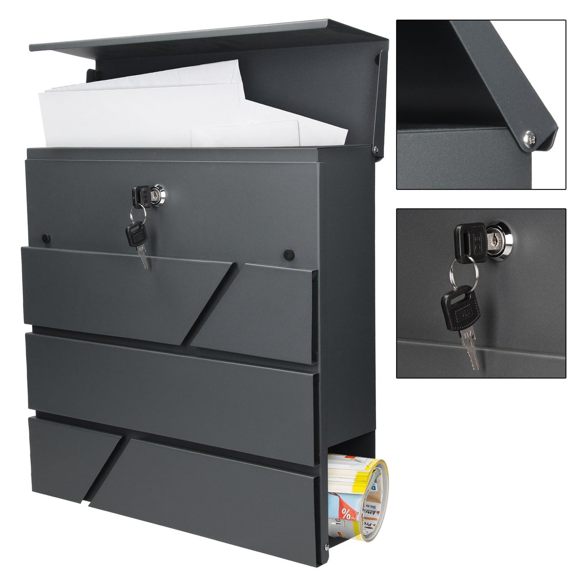 ECD Duitsland Brievenbus met krantenvak 37x11x37 cm van gepoedercoat roestvrij staal, antraciet, inclusief 2 sleutels en bevestigingsmateriaal - Moderne design wandbrievenbus met krantenvak