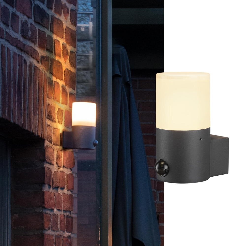 Grafiet wandlamp in zwart, E27, IP44 met bewegingsmelder, rond